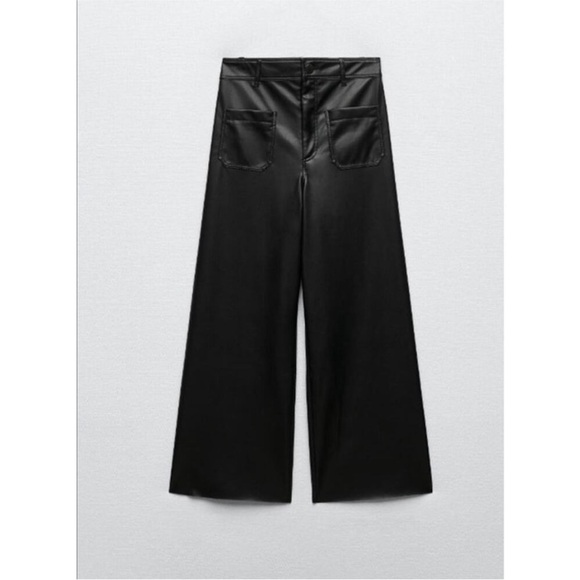 ZARA The Patch Pockets Marine Straight Faux Leather Pants BLACK 4 Ankle Crop - Picture 5 of 15
